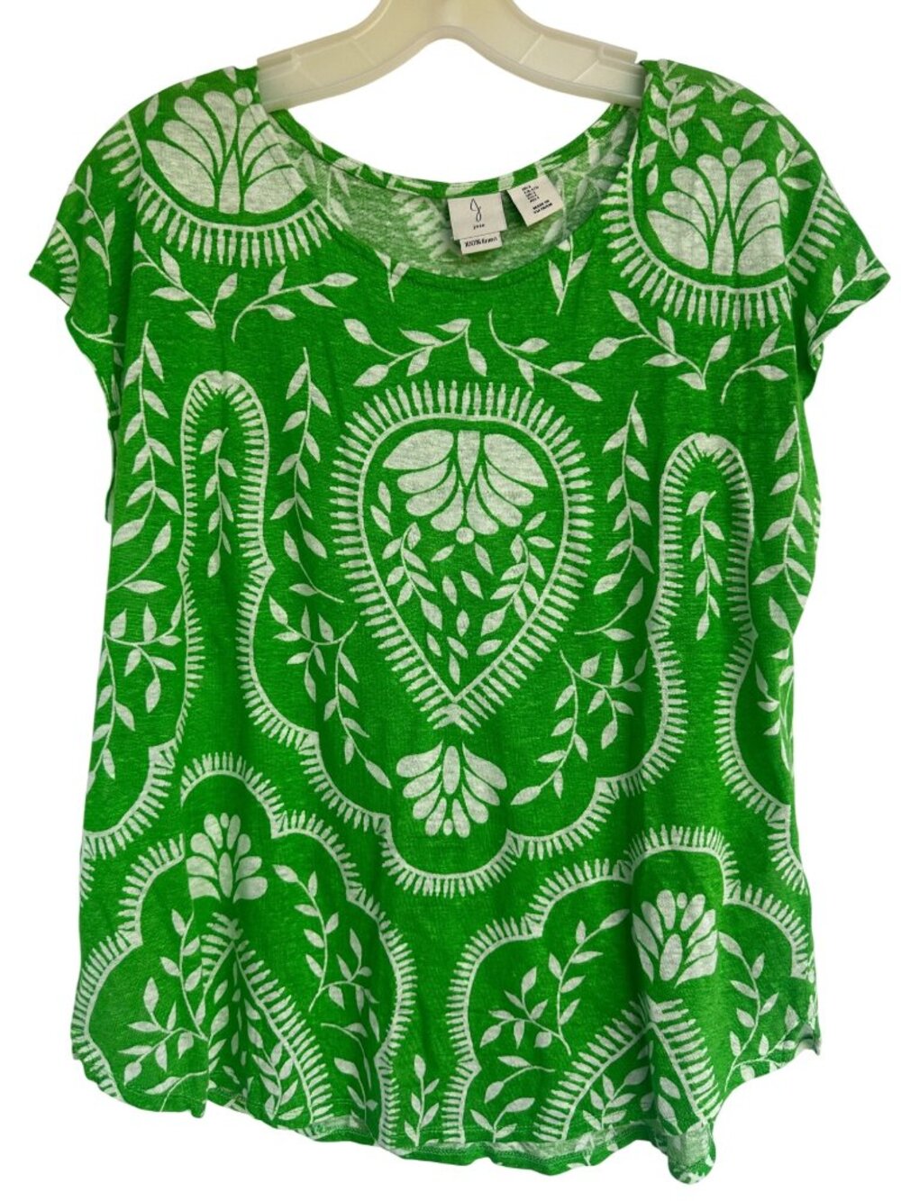 Joie Top Large Floral Short Sleeve Curved Hem Linen Green White Summer Bohemian